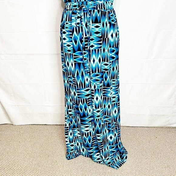 Calvin Klein Blue Print Modern Deco Maxi Dress Cinch Waist Jersey Sz 6 - Picture 2 of 8